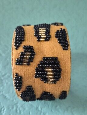 Noonday Wild and Free Leopard Beaded Cuff Bracelet Animal Print Boho Maximalist
